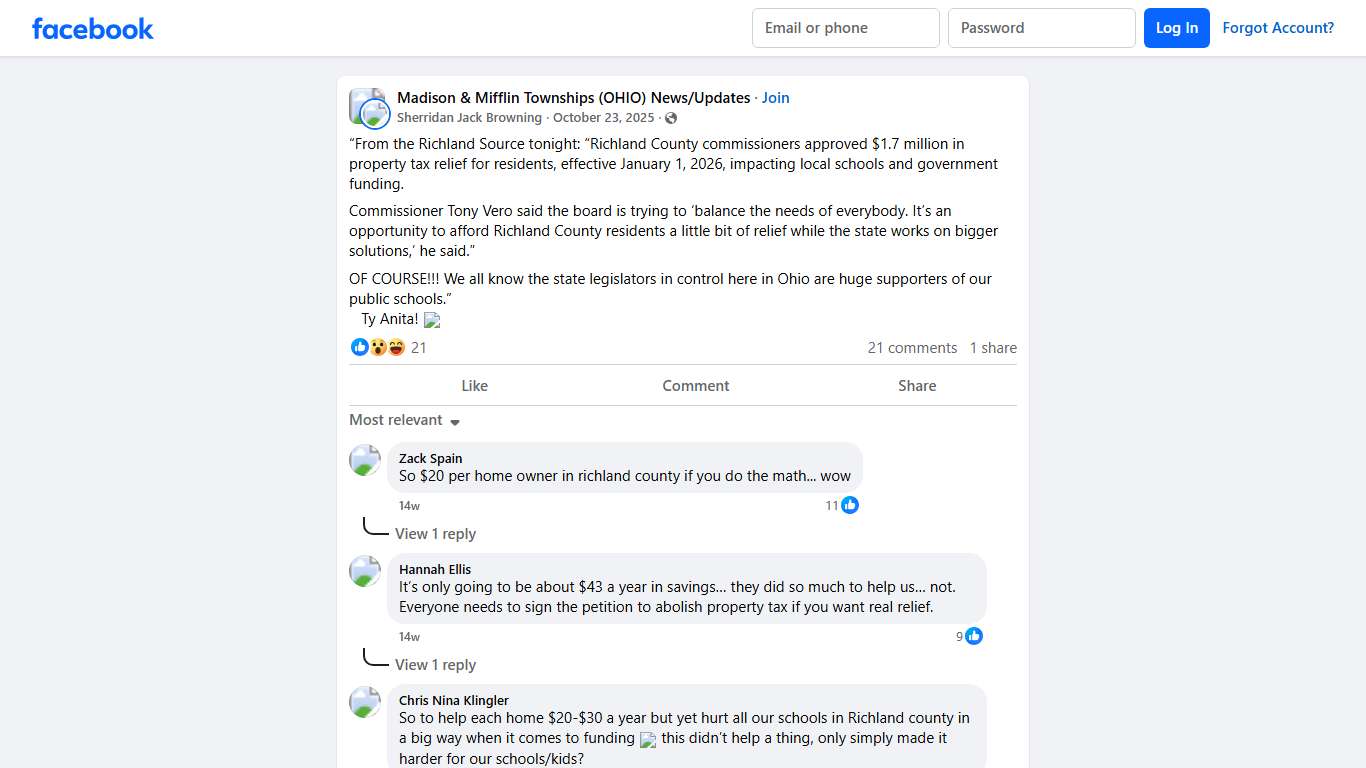 Madison & Mifflin Townships (OHIO) News/Updates “From the Richland Source tonight: “Richland County commissioners approved $1.7 million in property tax relief for residents, effective January 1,... Facebook